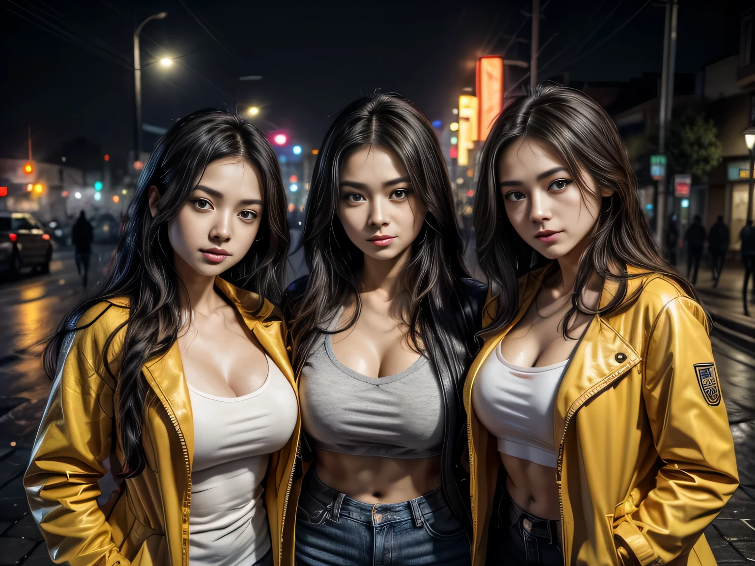 Best quality, masterpiece, Beautiful, 3 young latina women, looking straight at viewer, wearing simple shirt and jeans, open red and yellow jacket on top, walking on city alley, teen age, detailed face, detailed body, symmetric face, big cute eyes, dynamic pose, deep cleavage, happy laughing faces, perfect anatomy, photorealistic, slim body, black long hair, 8k, ultra realistic, foggy night city background, rainy, wide desktop wallpaper, ambient occlusion