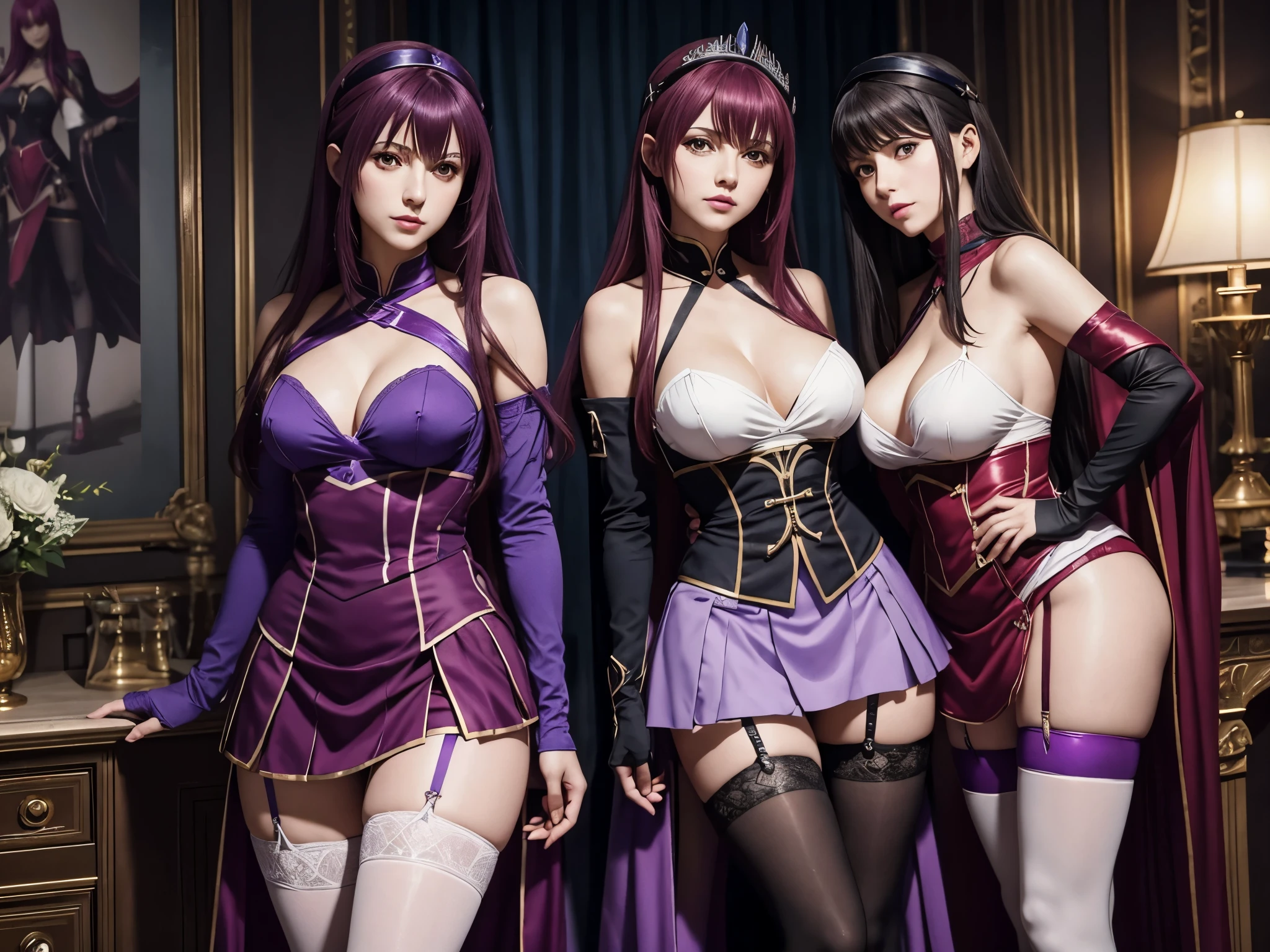 Photorealistic, 2 girls: [Scathach and Saber from FGO, Fate Grand Order, both girls wearing maid cosplay (Scathach wears purple, Saber wears blue or red), stockings and tights, garter belt, short skirt, high heels, long gloves, long hair, vivid lipstick], photo from head to toes, full body shot, seductive pose, inside the palace bedroom