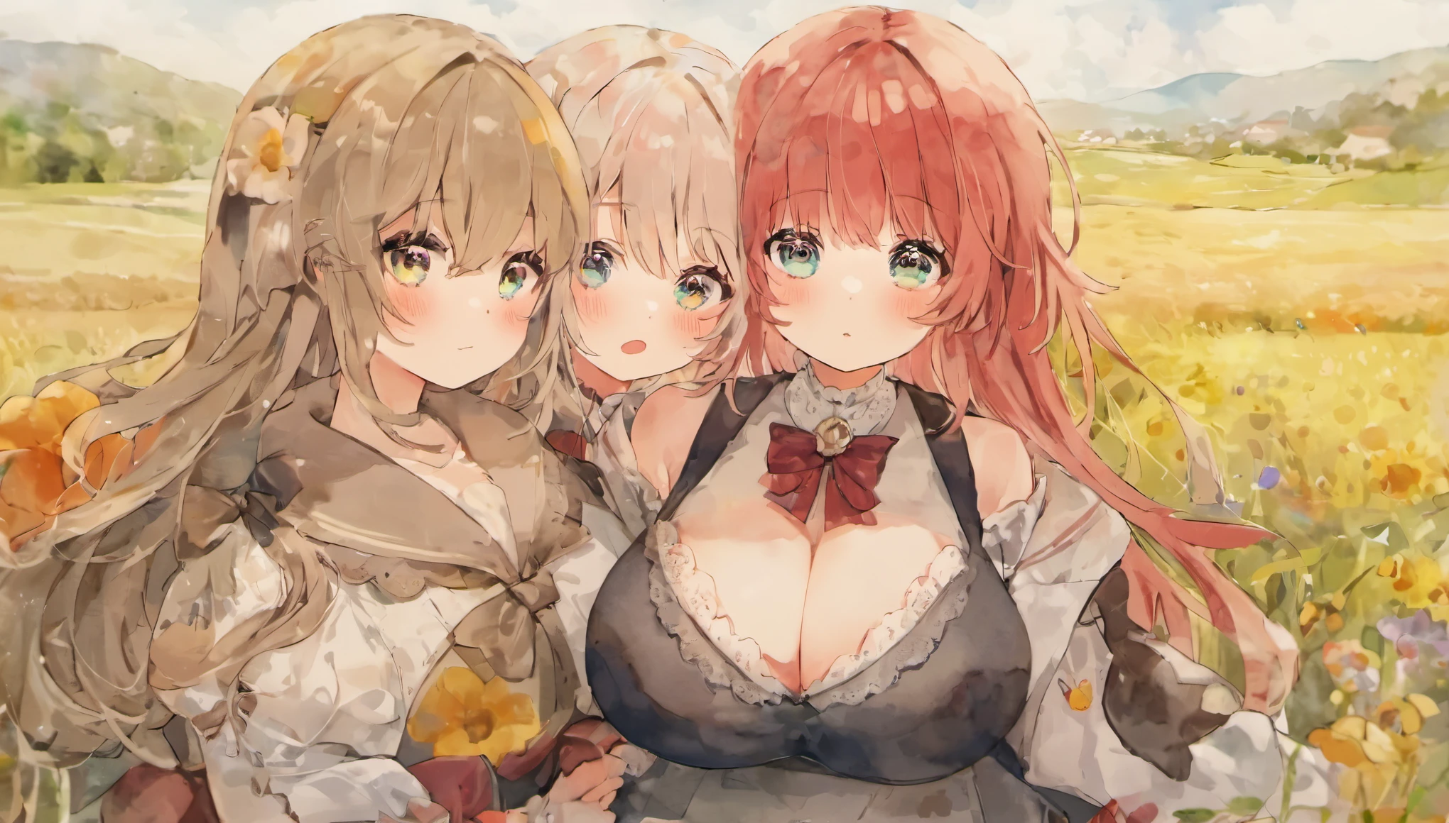 master piece, best quality, Cute Girls, wide shot, Complex background, Big breasted, Blushed, looking away, Deep depth of field, watercolor