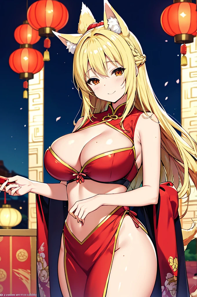 A portrait of a radiant adult 9 tails fox girl with a warm smile directed at the viewer, the background features a vibrant Chinese New Year celebration, lanterns, fireworks, traditional decorations, beautiful scenery, Breasts enlarged, elegant mature woman, large hips, big breast, Ahri, blonde hair, braid, flower on head, animal ears, fox ears, kemonomimi mode, super detail, high quality, highres, masterpiece