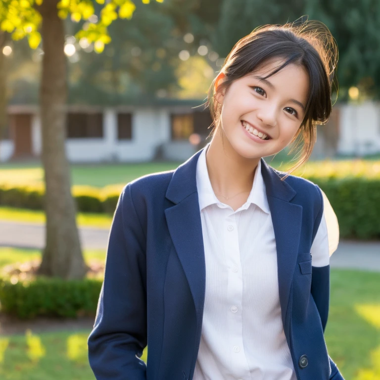 (highest quality,8K quality,masterpiece:1.3),(Ultra-high resolution,Photorealistic:1.4,RAW Photos),(Very detailed,Caustics,Detailed Background),(Ultra-Realistic Capture,Fine and beautiful skin,Perfect Anatomy),At dusk,Sunset sky,School building,Schoolyard,18-year-old,cute,single eyelid,Black short bob,School Blazer Uniform,Looking at the camera,Laughter,Bust up shot,Natural soft light,Completely naked