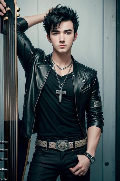 Aron Diaz 20-year-old boy with open black jacket, blue t-shirt with snow print, short black hair, punk style, yellow locks, black jeans, green eyes, black leather belt, silver buckle, slim muscular build, cross medallion, silver bracelet, looking straight at the viewer