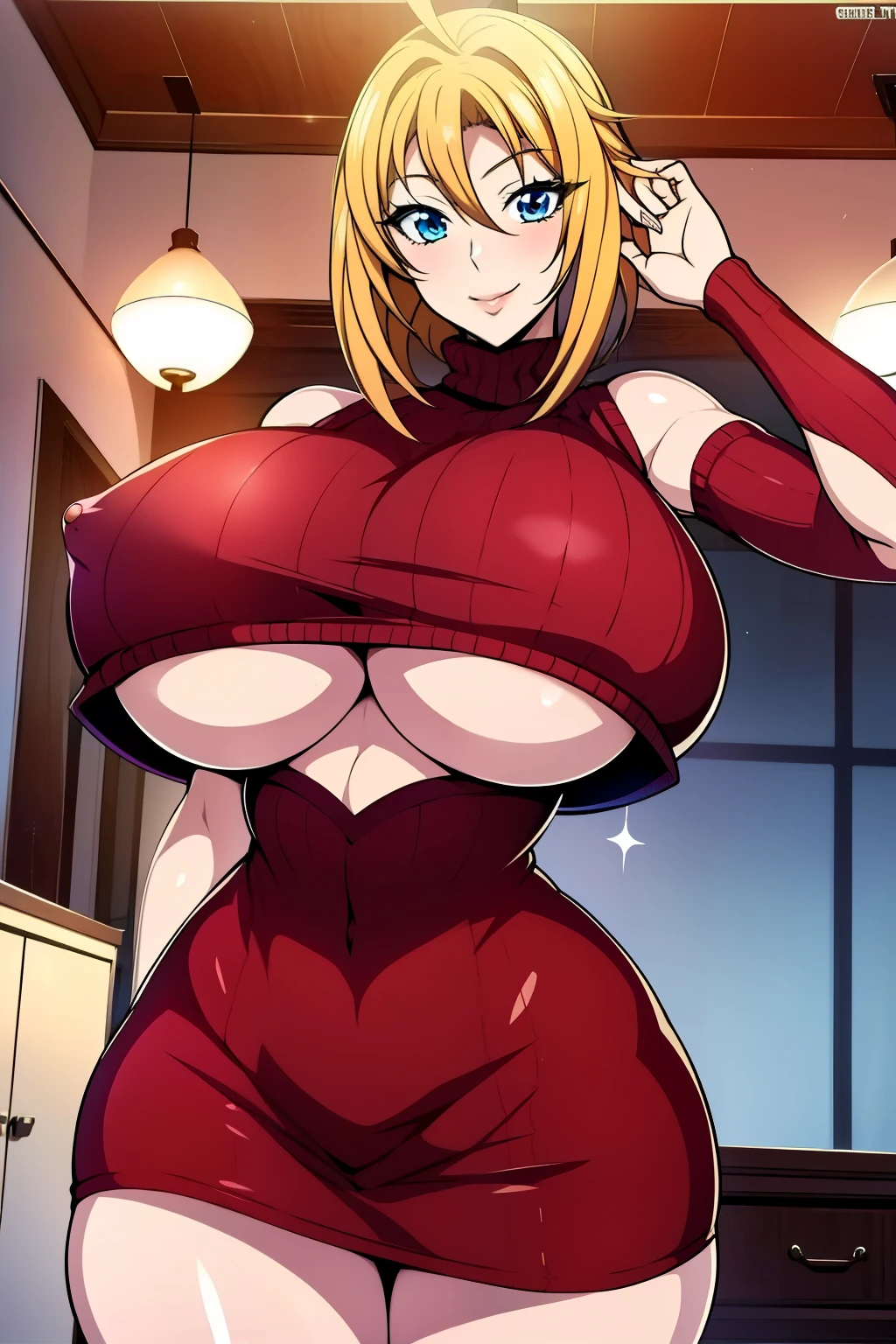 An anime-style artwork depicting Venelana Gremory from the anime High School DxD.
Tags: Venelana Gremory, anime, detailed eyes, detailed lips, ass, 1girl, (blonde hair:1.1), (blue eyes), (sweater:1.1), pencil skirt, short hair, miniskirt,curvy, thighs, higheels, shiny clothes, skin tight, cleavage, solo, huge breasts, smiling expression, intense gaze, dynamic pose, indoor, palace, vibrant colors, digital art, high-resolution, professional quality, gigantic breasts, (underboob : 1.4), curvy, cowboy shot, (gigantic breasts: 1.4),
