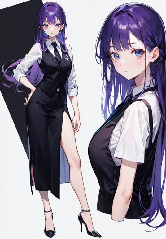 ((Perfect Face)),Purple Hair,voluminous long hair,1 female,bartender,suit,Black vest,Shirt with rolled up sleeves,tie,slit,High heels,,((Simple Background)),smile,((whole body)),((whole body)),Portraiture,virtual,upright,,Both arms are down,Standing upright with face and body facing forward,