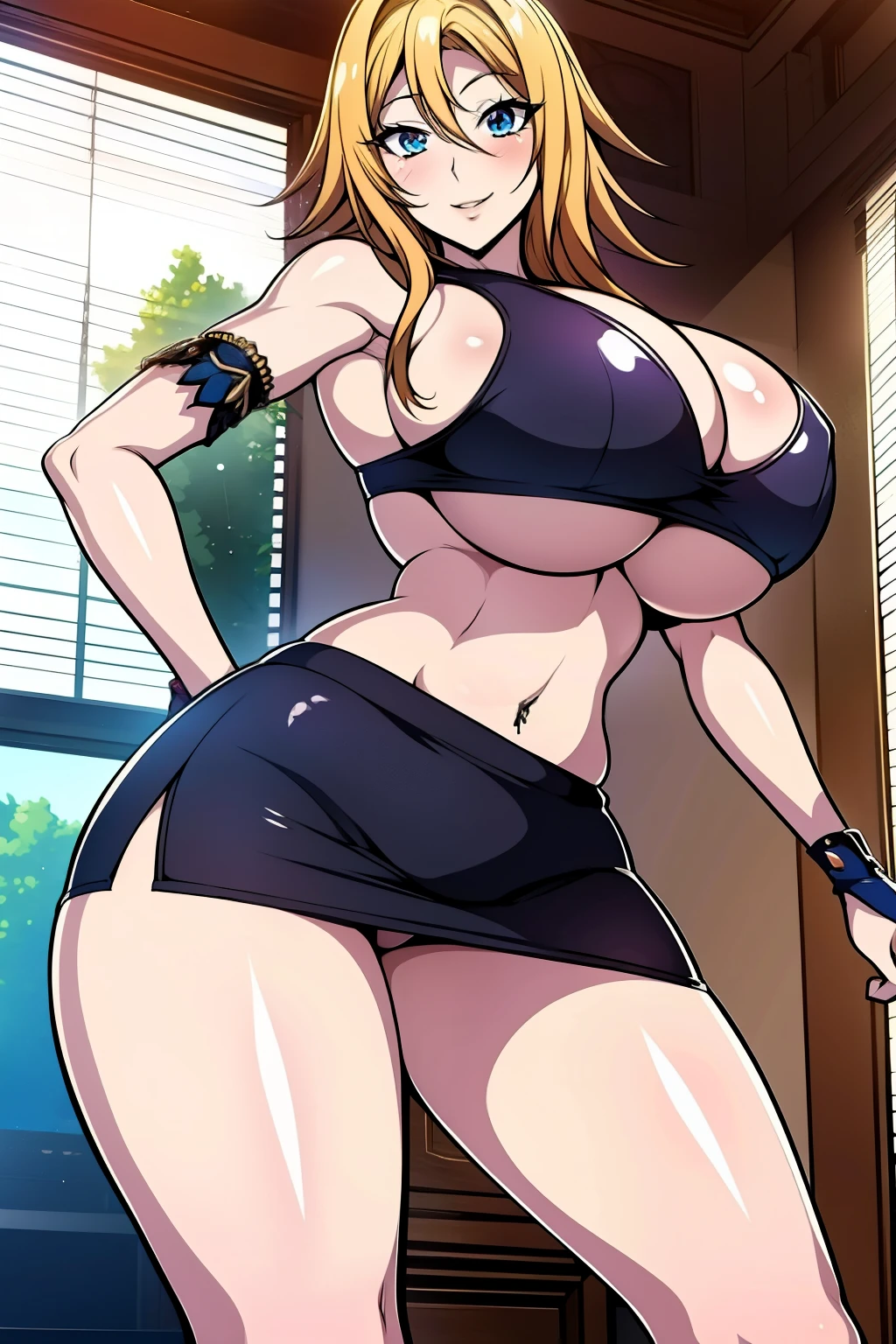 An anime-style artwork depicting Venelana Gremory from the anime High School DxD.

Tags: Venelana Gremory, anime, detailed eyes, detailed lips, ass, bare shoulders, 1girl, (blonde hair:1.1), (blue eyes),  pencil skirt, short hair, miniskirt,curvy, thighs, higheels, shiny clothes, skin tight, cleavage,  solo, huge breasts, smiling expression, intense gaze, dynamic pose, indoor, palace, vibrant colors, digital art, high-resolution, professional quality, gigantic breasts, (underboob : 1.4), curvy, cowboy shot, (gigantic breasts: 1.4),