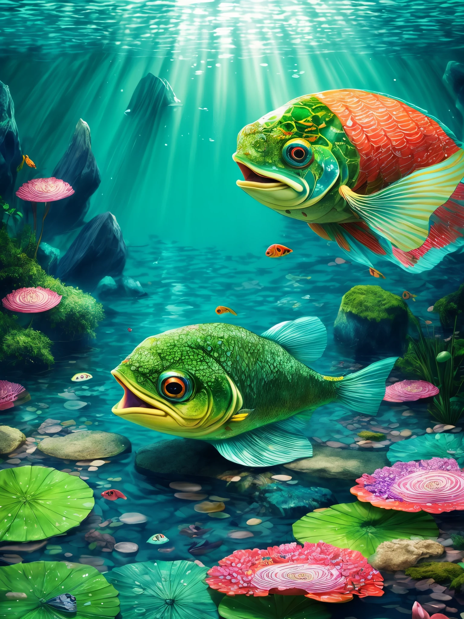 (kappa),creature in the river,(green skin),(playful expression),(wet hair),(underwater environment),(detailed scales),water droplets,crystal clear water,(sunlight shimmering through water),nature,(moss-covered rocks),(lily pads),(colorful fish swimming),(subtle ripples on the water surface),(cucumber slice floating nearby),(fun-loving),(mischievous),（Japenese folklore),traditional art style (ukiyo-e),(vibrant colors),subtle lighting