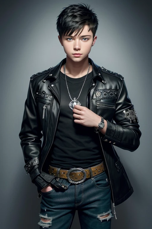 Sterling Knight 20-year-old boy with open black jacket, blue t-shirt with snow print, short black hair, punk style, yellow locks, black jeans, green eyes, black leather belt, silver buckle, slim muscular build, cross medallion, silver bracelet, looking straight at the viewer, holding a harp