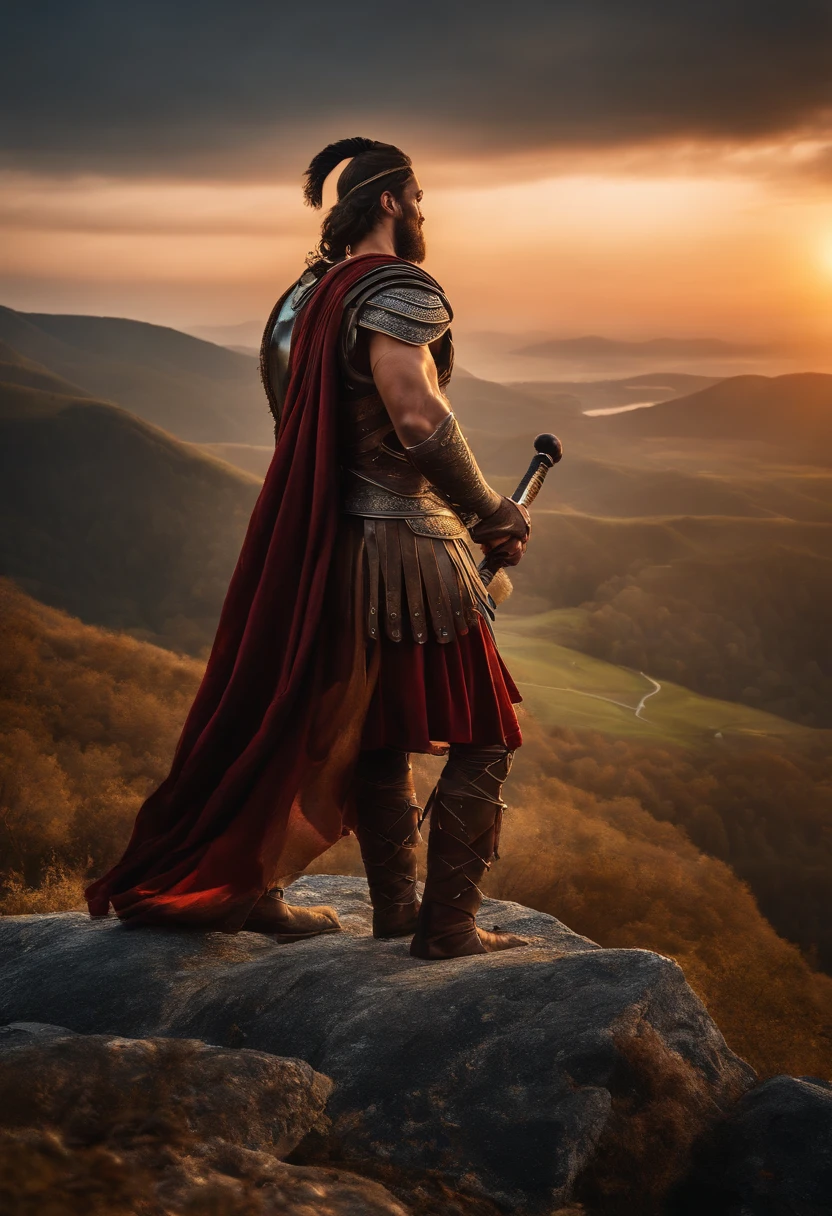 ((melhor qualidade)), ((obra de arte)), (detalhado), rosto perfeito, 
Roman warrior kneeling on top of a mountain, holding a sword. selfie, epic, 8k