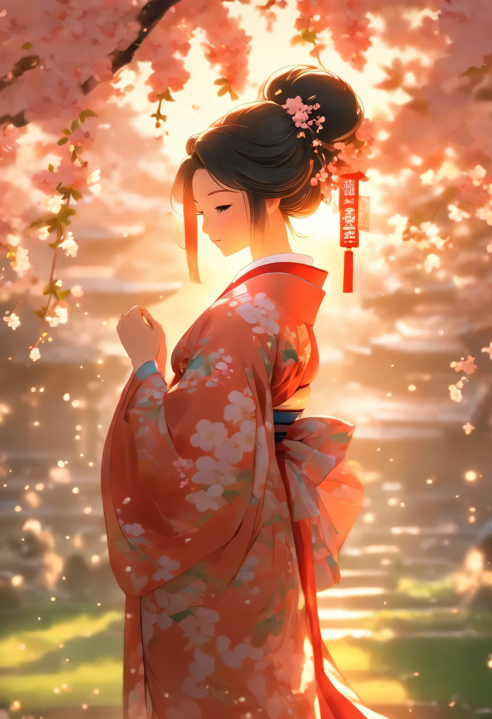 Create an ultra-detailed, high-quality image of an anime girl dressed in an exquisite kimono adorned with cherry blossom prints. She stands elegantly beside a flourishing cherry blossom tree, with petals gently falling around her. The scene is set in a serene park, the lush green grass underfoot complemented by a stunning sunset that bathes the environment in a warm, golden light. The background should be intricately designed, showcasing depth and a vibrant palette, with additional cherry trees and distant hills. The artwork should reflect a style reminiscent of Hideaki Anno, known for his dynamic composition and emotional depth, aiming to capture the essence of a trending masterpiece on ArtStation. Focus on the textures of the kimono, the delicate petals, and the subtle interplays of light and shadow to create a visually compelling and immersive scene