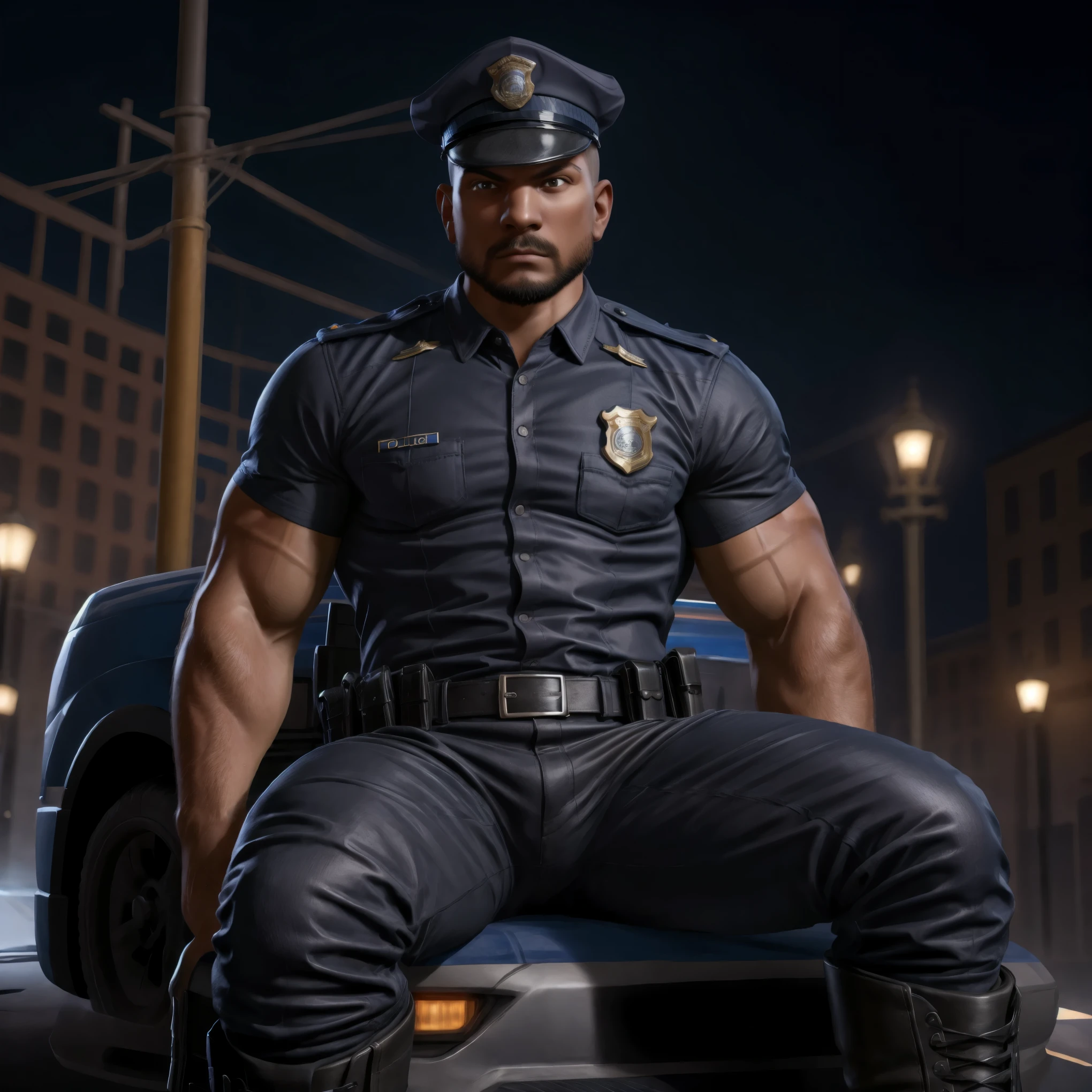 A (muscular), masculine, handsome (police officer) wearing a ((police uniform, police shirt, police pants, police cap, police boots):1.3) (sitting on the hood of a police cruiser) with his legs spread apart. High quality, best quality, masterpiece, realistic, photorealistic, (((((whole body))))), (((((full shot))))). (bulge:0.2) | hyperrealistic, (masterpiece), high details, ultra-realistic, octan light, 32k, | high resolution, photo-realistic, ultra clear, bokeh, high detail iconic character, highly detailed character, | 