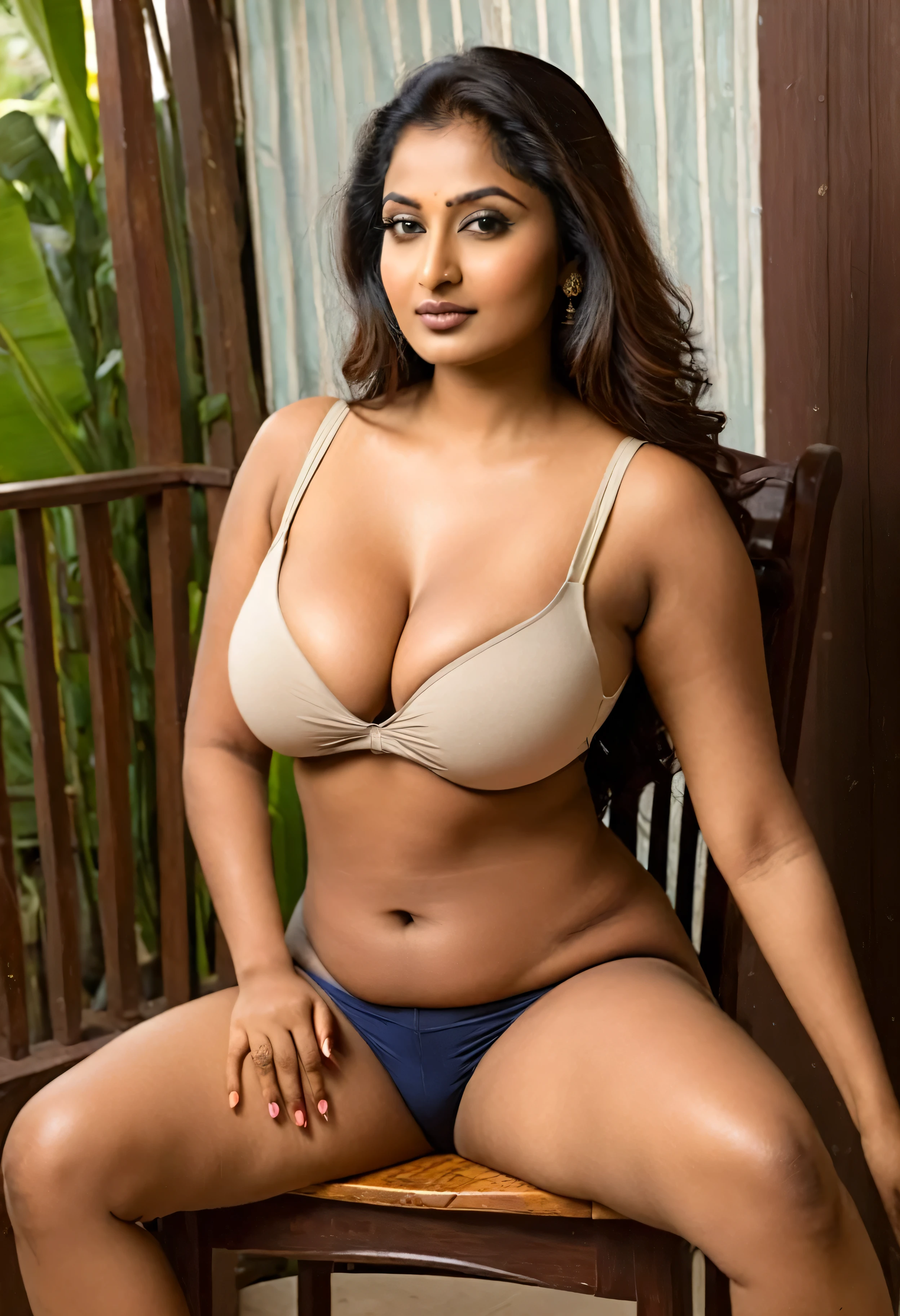 Beautiful Indian woman in her late 20s, wearing a tight top with a slight cleavage. Thick thighs. Sitting in a wooden chair. Heavy breasts. Realistic. 