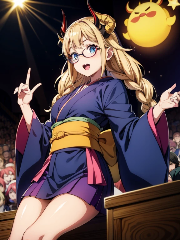 a cartoon character on a silla with glasses on point finger at the camera, 1 chica, solo, tiene, blue eyes, Session, kimono 3 color , senos, twin trenzas, large senos, short skirt, sonrisa, trenza, pelo rubio, devil horns, ogre horns, mirando al espectador, boca abierta, kimono falda, mangas cortas, on stage, ligths, singing