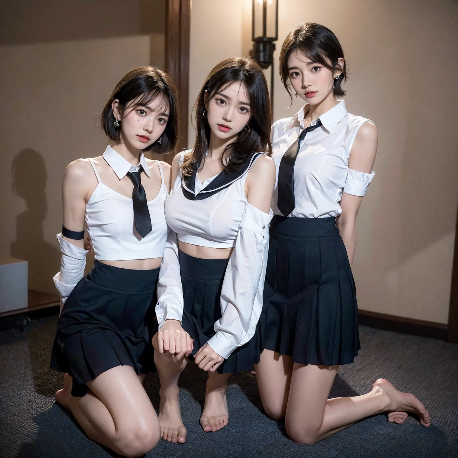 Absurd, RAW Photos, Very delicate and beautiful, masterpiece, highest quality, Ultra-high resolution, 16k, Surreal, Very detailed, Very detailed CG 8k 壁紙, Beautiful lighting, Perfect Lightning, Realistic Shadows, Perfect Anatomy, Very detailed肌, Perfect figure, Japanese women, Late 20s, very slim figure, Tight waist, very small head, Handsome detailed woman, Very detailed目と顔, Realistic Face Proportions, Stunning eye for detail, Realistic beautiful face, Very small face, Realistic small beautiful eyes, double eyelid, Tearful mole, Mole on chest, Earrings, beautiful and very thin legs, Beautiful and very slim thighs, (((Very big round breasts))), (full body shot), (((short hair))), (Wavy Hair), (((school uniform, Dress shirt))), (((Abdominal Peek))), (((No sleeve))), (((((2 girls))))), (Bare arms), (barefoot),