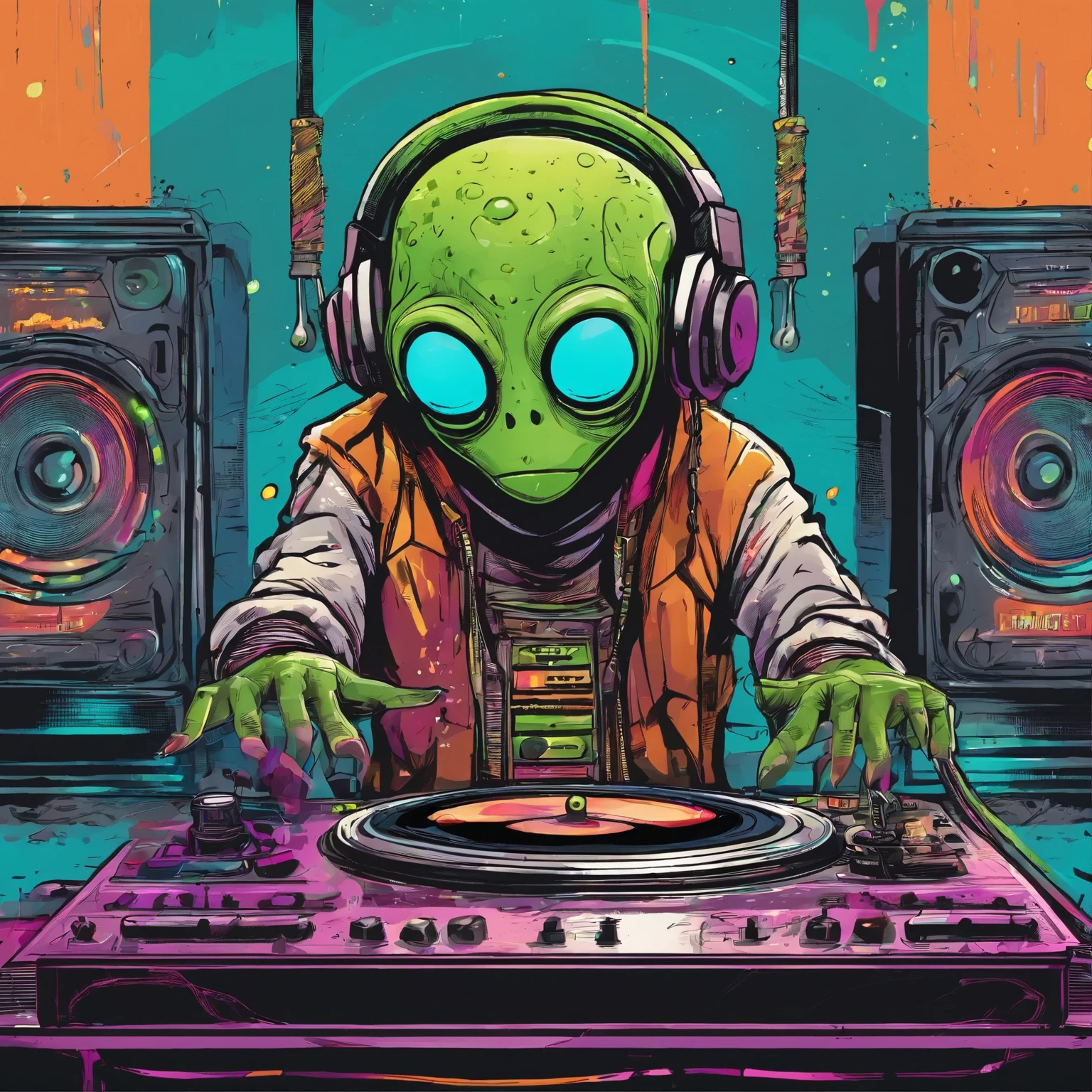 High quality, logo style, powerful , alien dj playing turntables face . With grunge elements. Raw, distressed textures, ink splatters, and a moody palette and grays should be featured. rendered in the style of Studio Ghibli with vibrant neon colors.