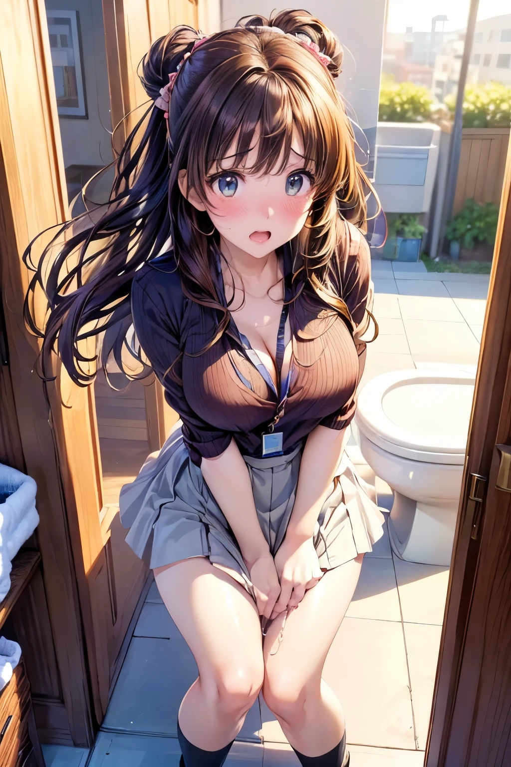 (masterpiece, highest quality, High resolution, 超High resolution, Perfect Pixel, Depth of written boundary, 4K, RTTX 10.0, High resolution))), (One woman:1.3), Beautiful Anime Women, Beautiful art style, Anime characters, ((Detailed face:1.2)), ((Smooth texture:0.75, Realistic texture:0.5, Anime CG Style)), (Maximum resolution: 1.2), Cinema Lighting, ((highest quality)), ((masterpiece)), (High resolution), 8K, Best Shadow, The best natural light, Cinematic, 1 Female,brown hair,Beautiful breasts,sweater,Pleated skirt,Stylish,(Look forward)(((Blushing、Surprised expression, Embarrassed expression)), (pussy juice:1.28), (Door in front of toilet in modern office:1.3), (staff identity card:1.1)