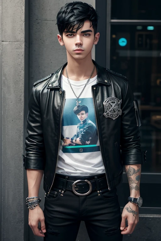  Joe Jonas 20-year-old boy with open black jacket, blue t-shirt with snow print, short black hair, punk style, yellow locks, black jeans, green eyes, black leather belt, silver buckle, slim muscular build, cross medallion, silver bracelet, looking straight at the viewer, holding a harp