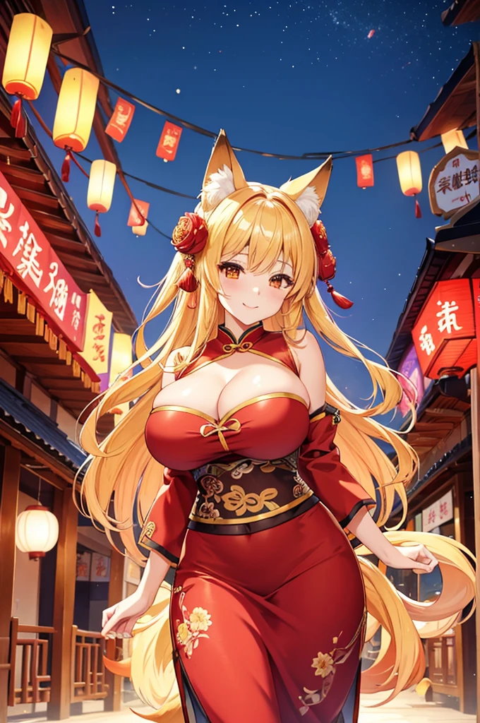 "A portrait of a radiant adult 9 tails fox girl with a warm smile directed at the viewer she is holding a sign "(Kitsune are Sexy), Wide-Angle, the background features a vibrant Chinese New Year celebration, lanterns, fireworks, traditional decorations, beautiful scenery, Breasts enlarged, elegant mature woman, large hips, big breast, Ahri, blonde hair, braid, flower on head, animal ears, fox ears, kemonomimi mode, pov, super detail, high quality, highres, masterpiece