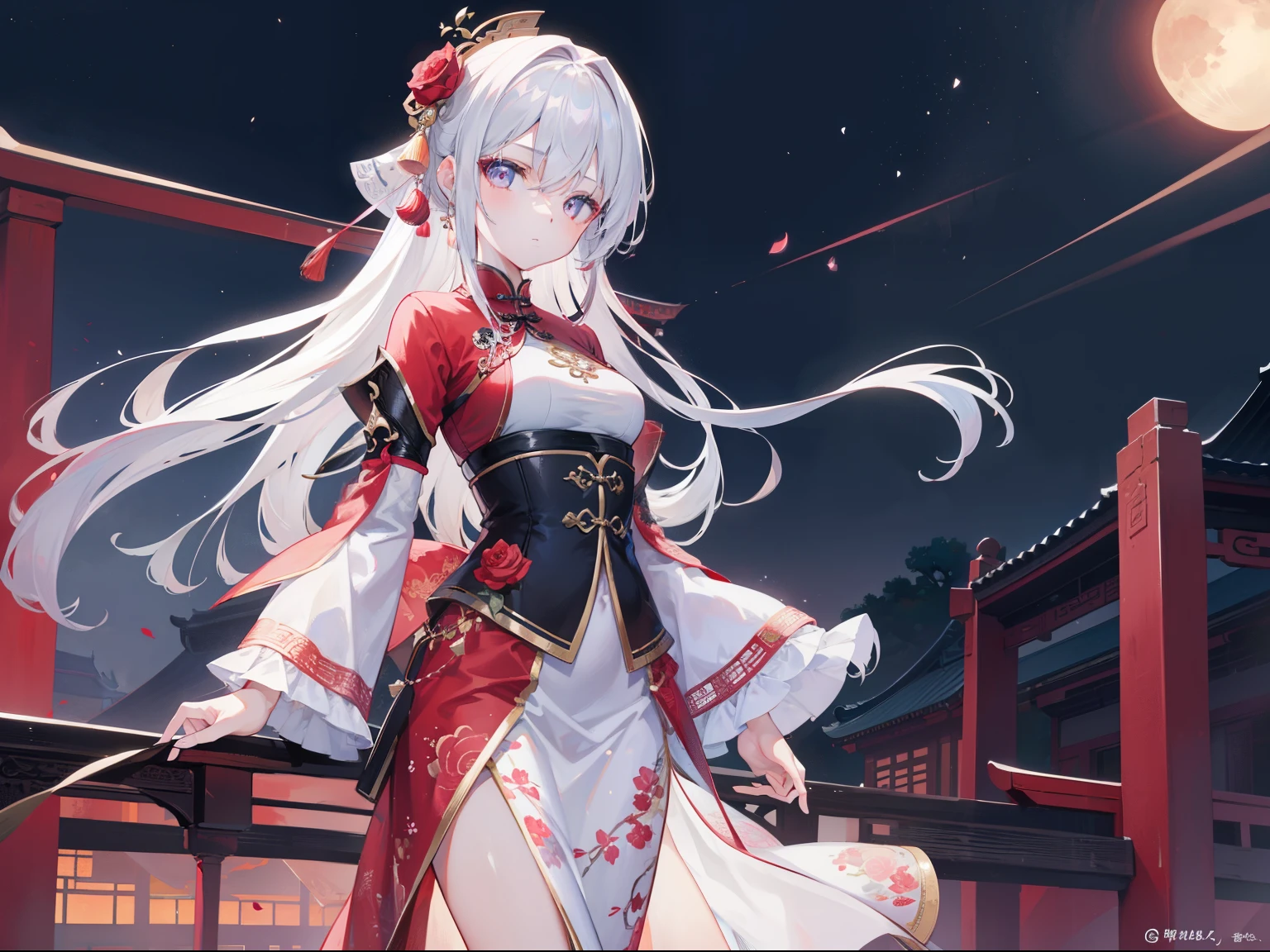 Girl holding a rose,Stand on the bridge in the moonlight,The background is made in Chinese style.。His facial features are thin,The image quality is the best,Achieve masterpiece results,The image is clear and crisp,Ultra HD 4k resolution