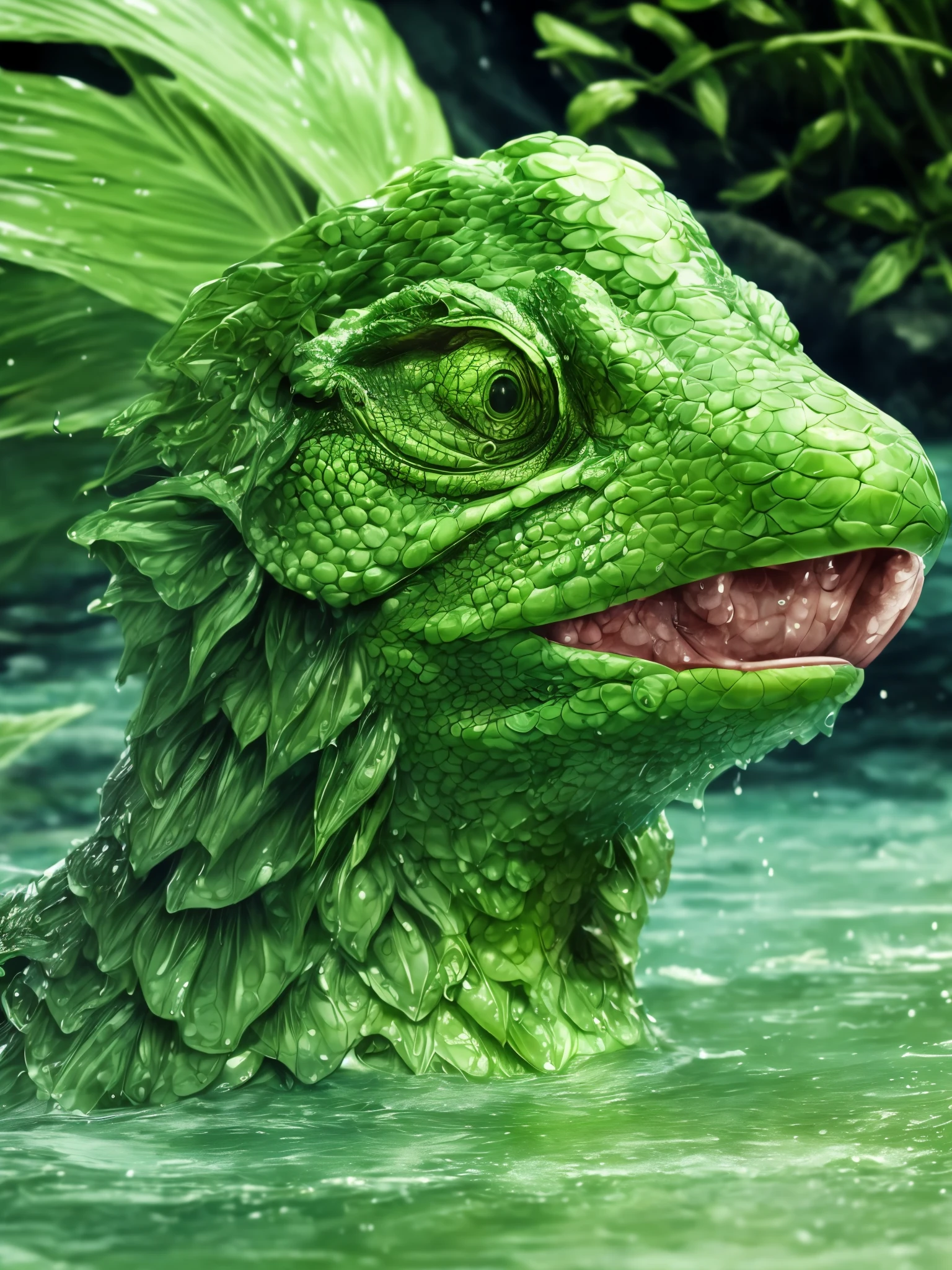 (kappa),creature in the river,(green skin),(playful expression),(wet hair)