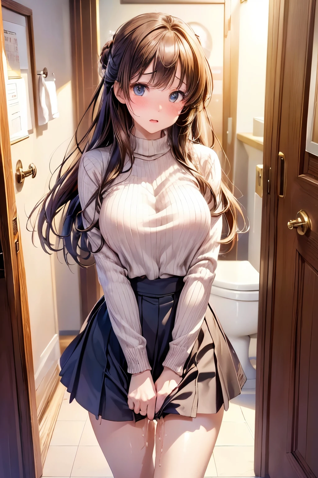 (masterpiece, highest quality, High resolution, 超High resolution, Perfect Pixel, Depth of written boundary, 4K, RTTX 10.0, High resolution))), (One woman:1.3), Beautiful Anime Women, Beautiful art style, Anime characters, ((Detailed face:1.2)), ((Smooth texture:0.75, Realistic texture:0.5, Anime CG Style)), (Maximum resolution: 1.2), Cinema Lighting, ((highest quality)), ((masterpiece)), (High resolution), 8K, Best Shadow, The best natural light, Cinematic, 1 Female,brown hair,Beautiful breasts,(sweater:1.2),Pleated skirt,Stylish,(Look forward)(((Blushing、Surprised expression, Embarrassed expression)), (pussy juice:1.28), (Door in front of toilet in modern office:1.3), (staff identity card:1.1)
