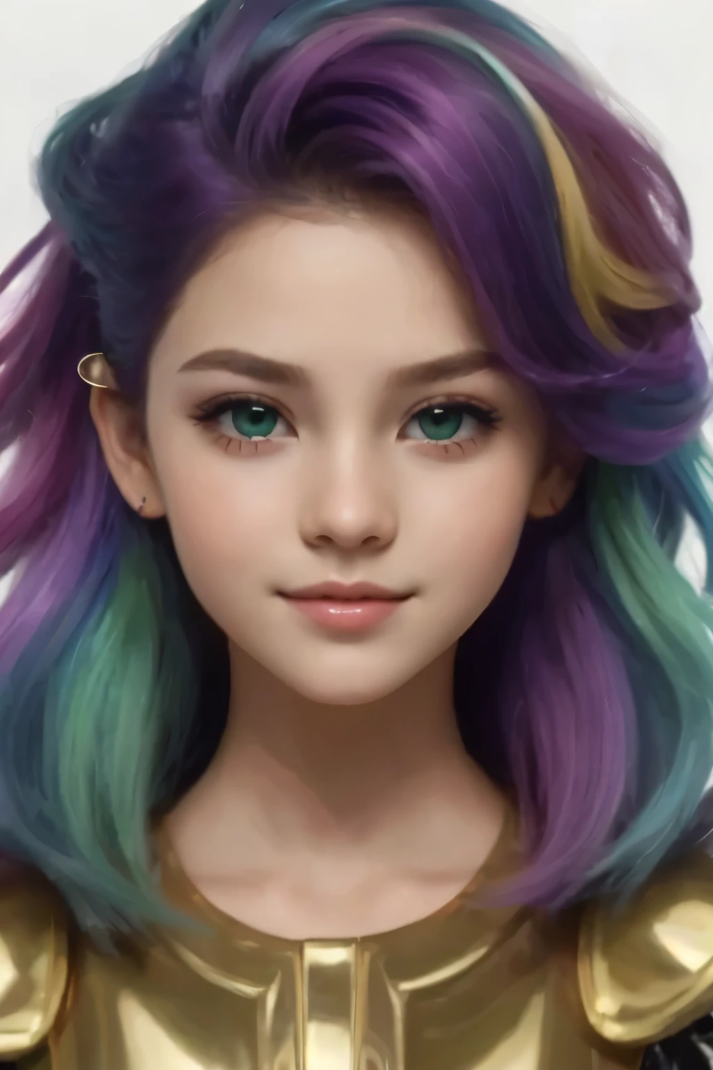 (Child 7.7) (cabelo cor multicolor 3.3), (green eyes 3.3),(armadura de luxo, Shiny metallic gold 4.4), 8k realista