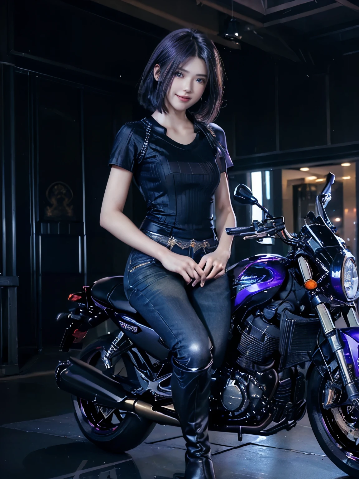 ((highest quality:1.5)), ((masterpiece、Surreal)), ((Perfect Face))、((Accurate and detailed motorcycle))、Detailed and clear photos、((((Riding a motorcycle))))、Slender body、Long legs、(((full body shot)))、smile、((Semi-short hair))、((Purple short sleeve shirt and jeans、Knee-high boots))