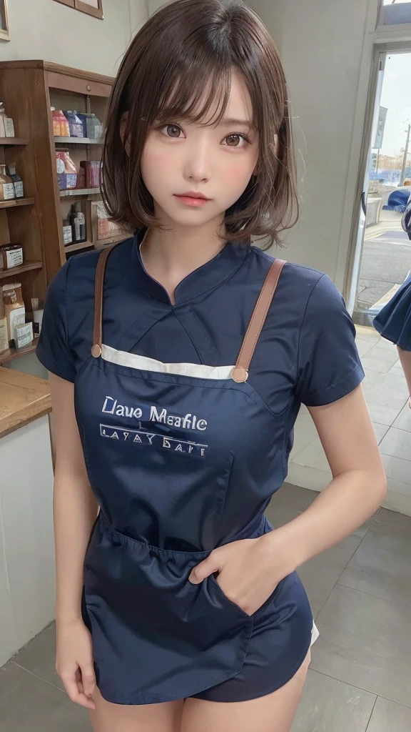one girl, (a beauty girl, delicate girl:1.3), (15 years old, :1.3), break, (shirt, Navy blue apron, Lawson:1.3), panties, break, Extremely fine grain resolution, (Symmetrical eyes:1.3), break, (Inside a convenience store:1.3), perfectly trimmed fingers, break, Small breasts, Brown eyes, Parted bangs, brown hair, girl, break, (Eye and facial details:1.0), break, (masterpiece, highest quality, Ultra-detailed, Detailed face, 8K)