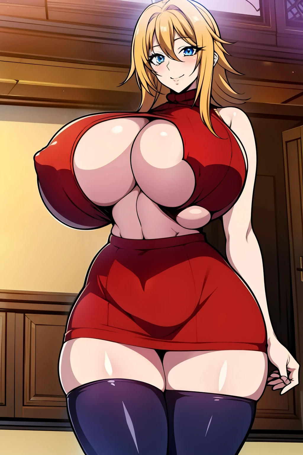 An anime-style artwork depicting Venelana Gremory from the anime High School DxD.

Tags: Venelana Gremory, anime, detailed eyes, detailed lips, ass, 1girl, (blonde hair:1.1), (blue eyes), (sweater:1.1), pencil skirt, short hair, miniskirt,curvy, thighs, higheels, shiny clothes, skin tight, cleavage,  solo, huge breasts, smiling expression, intense gaze, dynamic pose, indoor, palace, vibrant colors, digital art, high-resolution, professional quality, gigantic breasts, (underboob : 1.4), curvy, cowboy shot, (gigantic breasts: 1.4),