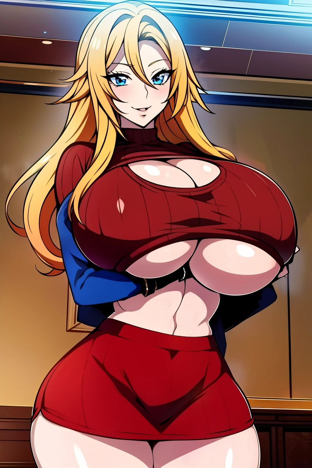 An anime-style artwork depicting Venelana Gremory from the anime High School DxD.

Tags: Venelana Gremory, anime, detailed eyes, detailed lips, ass, 1girl, (blonde hair:1.1), (blue eyes), (sweater:1.1), pencil skirt, short hair, miniskirt,curvy, thighs, higheels, shiny clothes, skin tight, cleavage,  solo, huge breasts, smiling expression, intense gaze, dynamic pose, indoor, palace, vibrant colors, digital art, high-resolution, professional quality, gigantic breasts, (underboob : 1.4), curvy, cowboy shot, (gigantic breasts: 1.4),