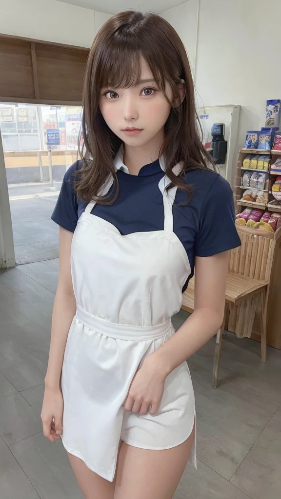 one girl, (a beauty girl, delicate girl:1.3), (21 years old, :1.3), break, (shirt, Navy blue apron, Lawson:1.3), panties, break, Extremely fine grain resolution, (Symmetrical eyes:1.3), break, (Inside a convenience store:1.3), perfectly trimmed fingers, break, Small breasts, Brown eyes, Parted bangs, brown hair, girl, break, (Eye and facial details:1.0), break, (masterpiece, highest quality, Ultra-detailed, Detailed face, 8K)