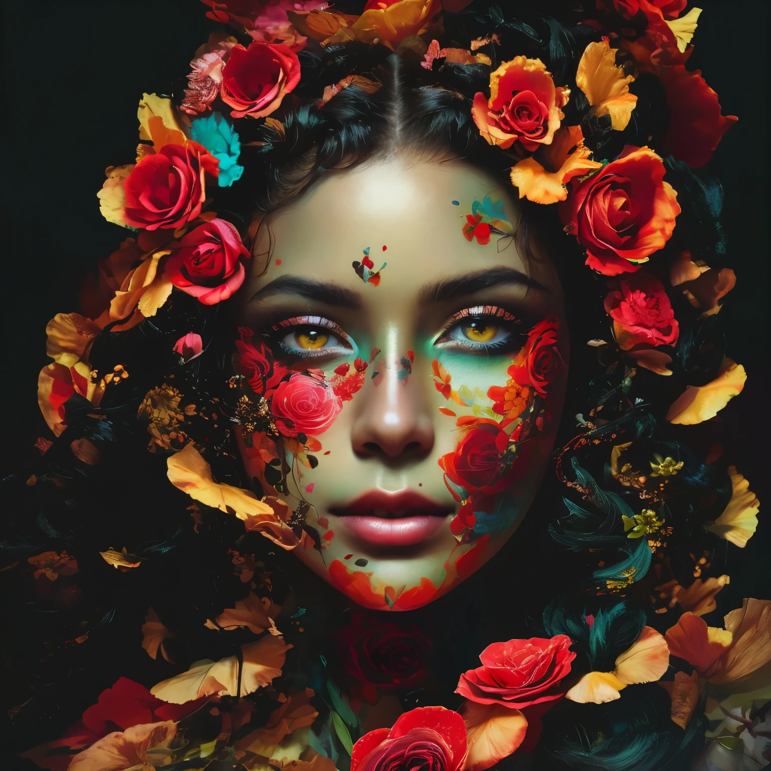 (face closeup) (face at center of image) a close up of a woman with red flowers on her face and hair, many flower covering part of face and hair and background, much flowers roses, many flowers roses flowers, ebony skin obsidian skin, curly hair, braids hair, beautiful digital artwork, stunning digital illustration, gorgeous digital art, stunning digital art, beautiful digital art, artistic digital art, vibrant digital painting, amazing digital art, exquisite digital illustration, beautiful digital illustration, inspiring digital art, inspired by Alberto Seveso, photoshop art, digital ilustration, 8k artistic portrait photography, black background black skin