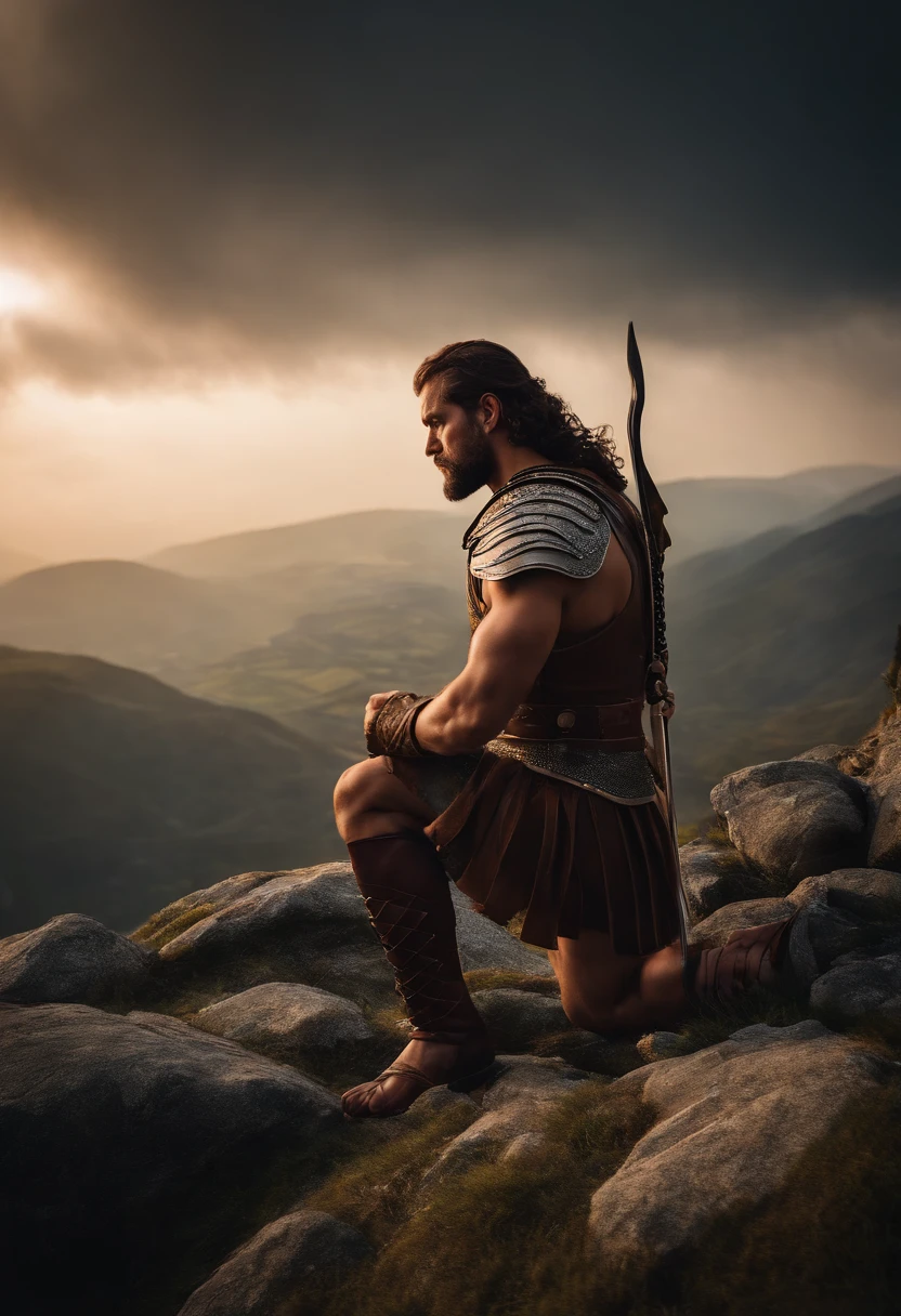 ((melhor qualidade)), ((obra de arte)), (detalhado), rosto perfeito, 
Roman warrior kneeling on top of a mountain, holding a sword. selfie, epic, 8k