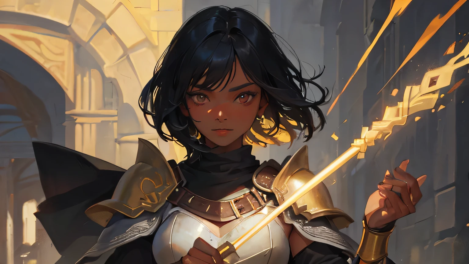 Draw a single woman with black hair and dark skin.  Ela veste uma armadura de couro simples medieval. She holds a golden and a red spear in both hands.. 