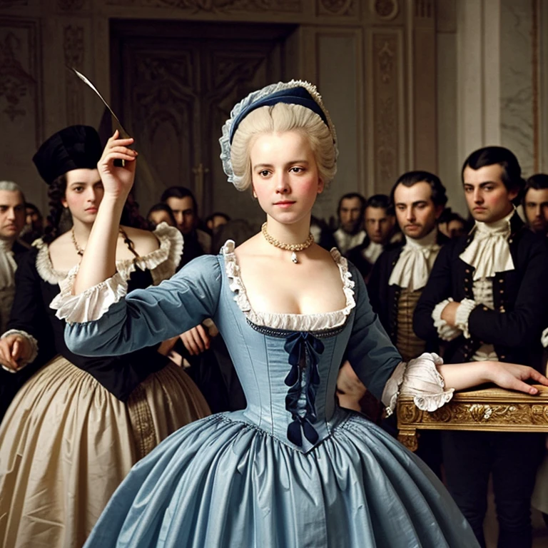 Marie Antoinette before her execution, torn clothes in the square, crowd of people, scaffold, guillotine, French Revolution