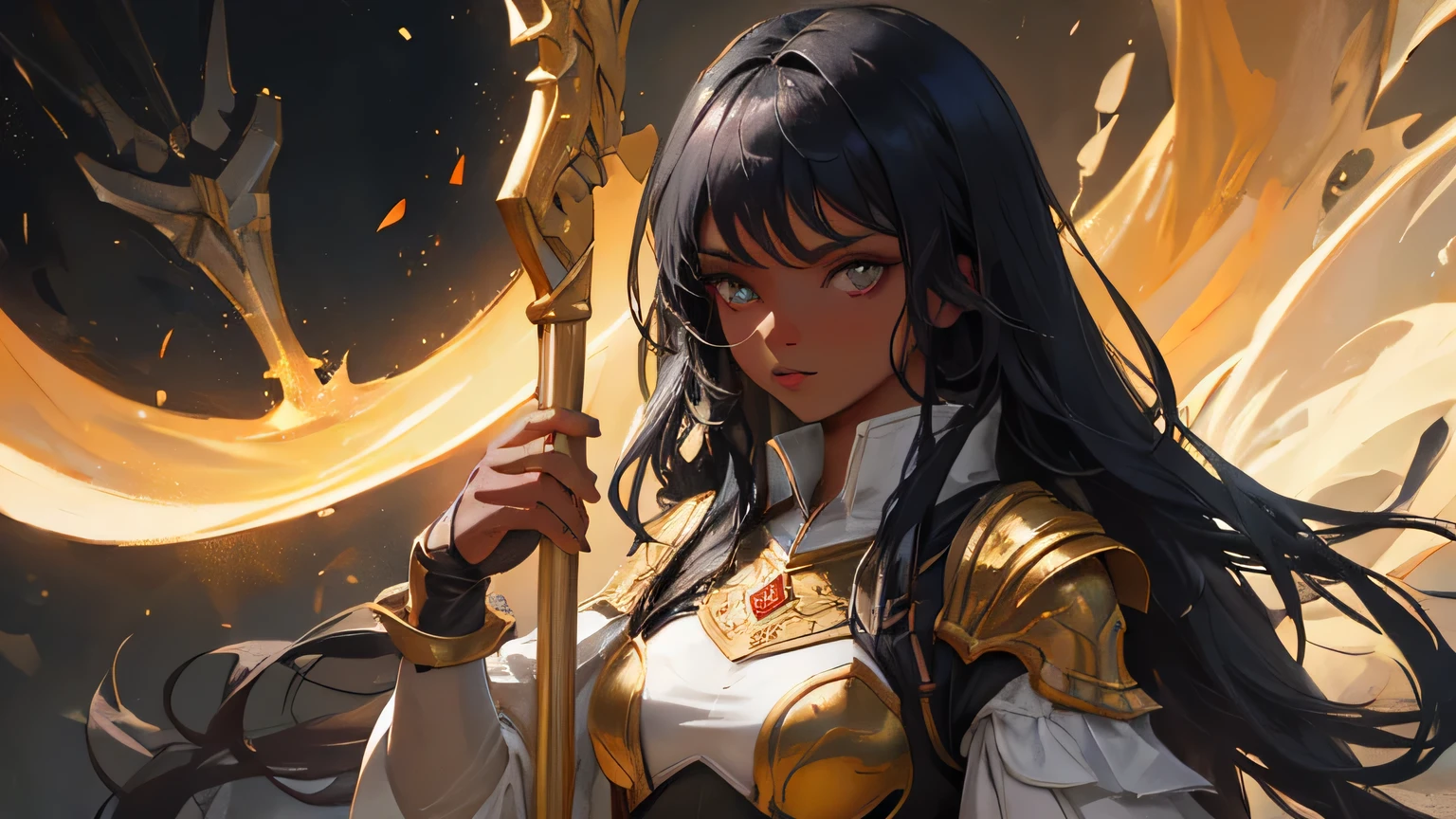 Draw a single woman with black hair and dark skin. Ela veste uma armadura de couro simples medieval. She holds a golden and a red spear in both hands..