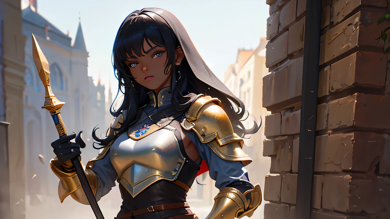 Draw a single woman with black hair and dark skin. Ela veste uma armadura de couro simples medieval. She holds a golden and a red spear in both hands..