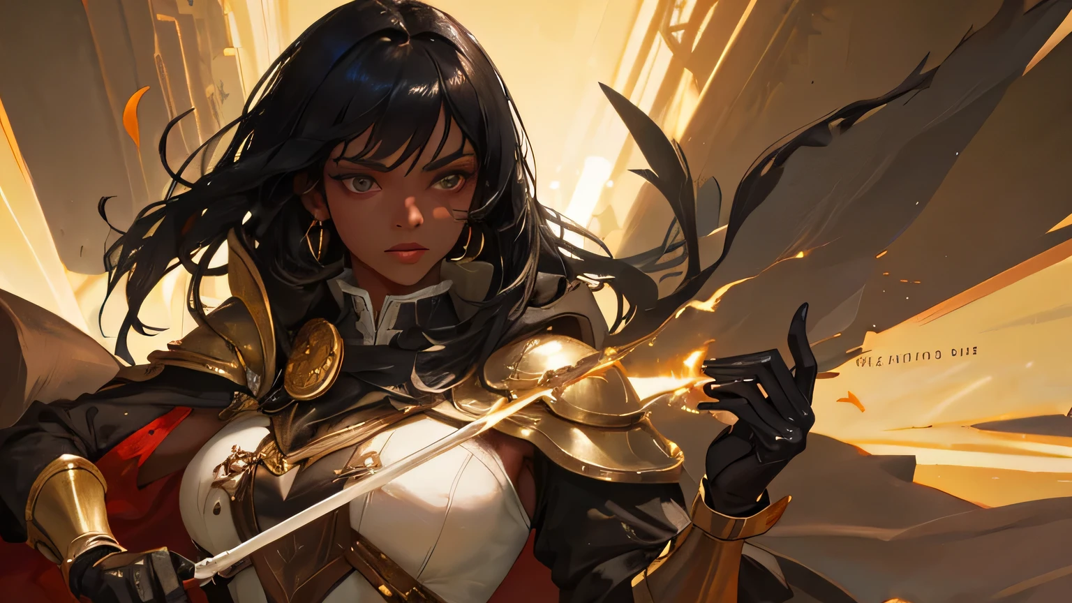Draw a single woman with black hair and dark skin. Ela veste uma armadura de couro simples medieval. She holds a golden and a red spear in both hands..