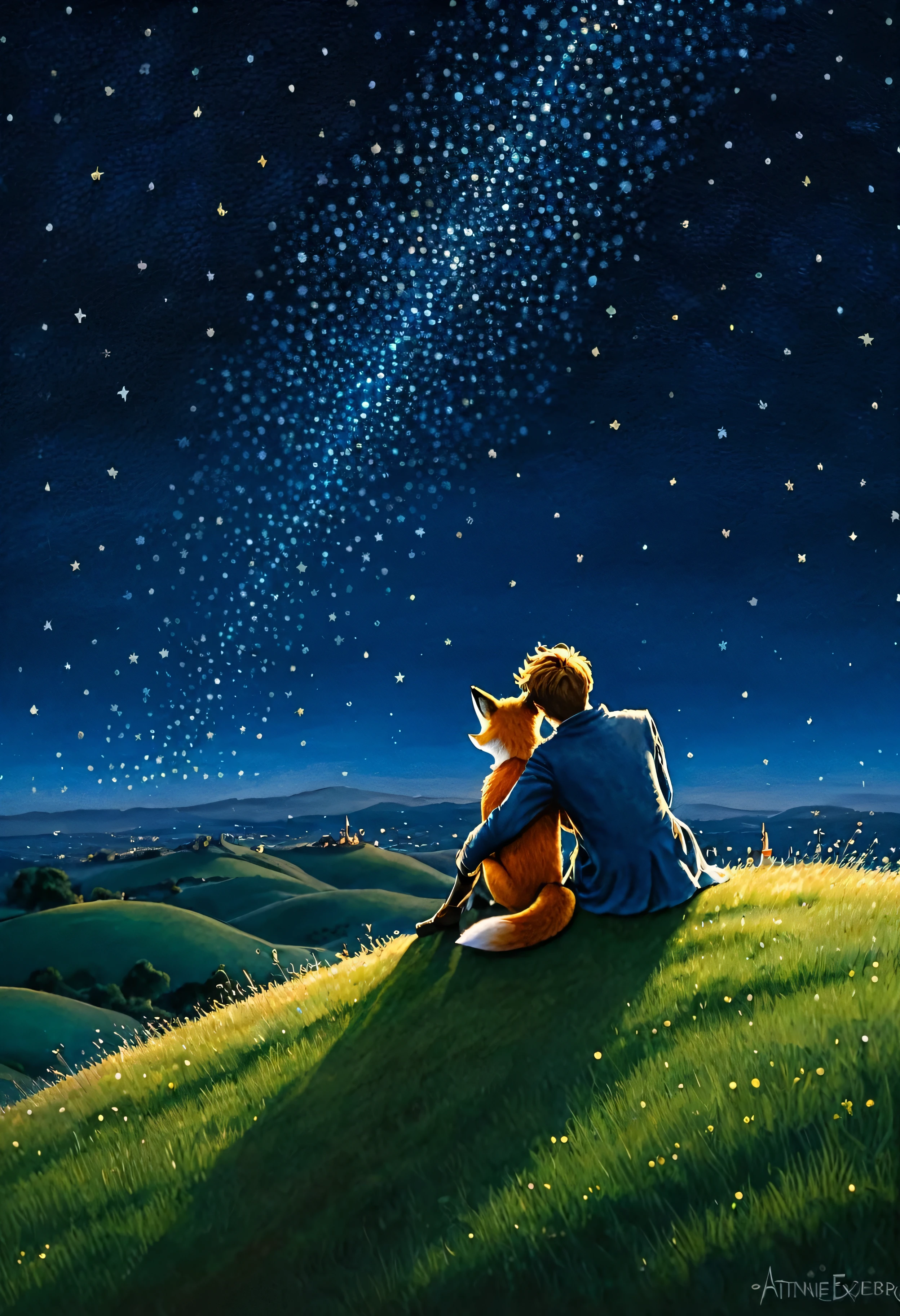 photo realistic painting, close-up, Two people sitting on a hill in an embrace, The little prince and the fox, starry sky, High detail, illustration for the book by Antoine de Saint-Exupéry