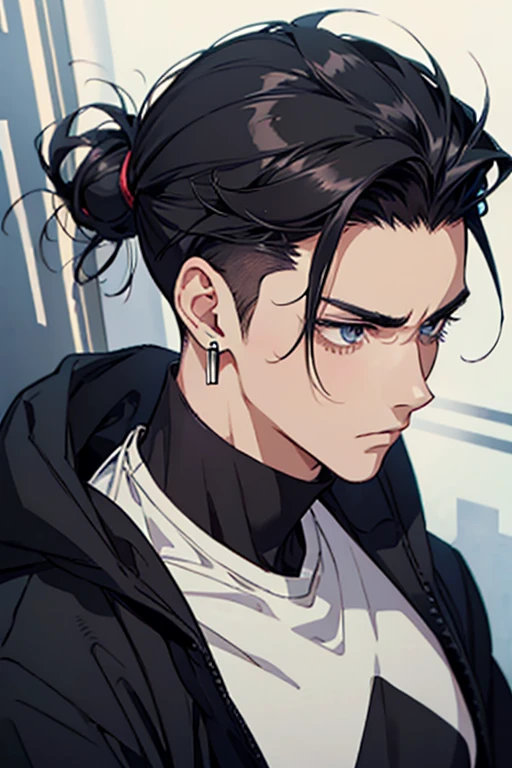man gradient anime young black hair with low bun shaved sides turns hair to the left side in the middle serious face with black earrings sweatshirt