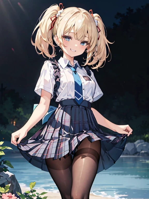 ((highest quality)), ((masterpiece)), (detailed), (Character Focus、breast focus,whole body), Anime 2D Rendering, Realistic young anime woman, Five Fingers, Perfect Face, Beautiful fine details, Beautiful body, Beautiful breasts, Beautiful thighs, Small breasts、Beautiful feet, (White beautiful skin), 16-year-old girl、One Girl, Blonde、(Twin tails、Red ribbon), (Black lace skimpy thong panties)、((Collared short-sleeved shirt, White shirt, Blue plaid pleated skirt, Blue tie))、(Black Pantyhose、loafers), Wicked Smile、((Grin))、garden、She turns her face and body towards the viewer，A pretty face and a charming smile，Are standing、