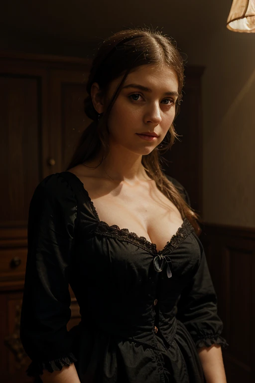 raw photo. Anna Karenina 2, dressed in period clothing, Russia, 19th century AD, perspective, half body detail, sharp focus, slight blending, detail, feeling like it's medieval, (high skin detail: 1,2), 8k uhd, dslr, soft light, high quality, Fujifilm XT3 grainy films.