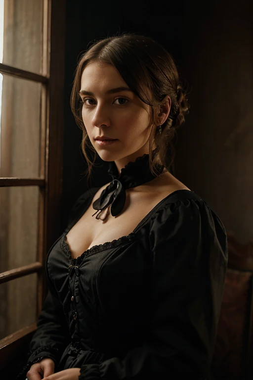 -retrato ralista; Caucasian woman in Victorian period dress; sentada, em frente ao espelho se maquiando; parede escura, with lighting that gives the effect of having a skull