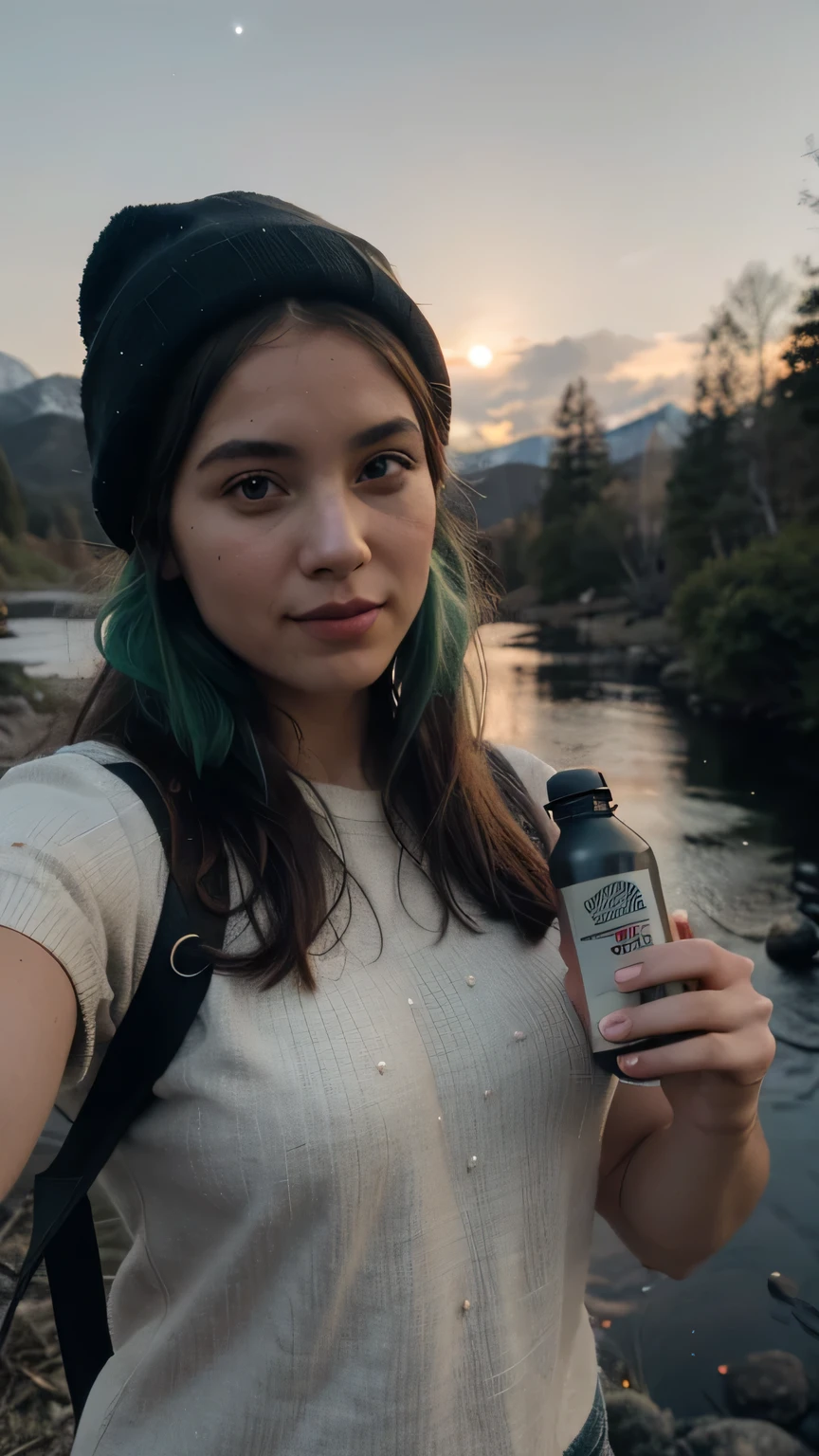 1girls, Nur, green Hair , 24 years old , 1 woman ((upper body selfie, happy)), masterpiece, best quality, ultra-detailed, solo, outdoors, (night), mountains, nature, (stars, moon) cheerful, happy, backpack, sleeping bag, camping stove, water bottle, mountain boots, gloves, sweater, hat, flashlight, forest, rocks, river, wood, smoke, shadows, contrast, clear sky, analog style (look at viewer:1.2) (skin texture) (film grain:1.3), (warm hue, warm tone:1.2), close up, cinematic light, sidelighting, ultra high res, best shadow, RAW, upper body, wearing pullover