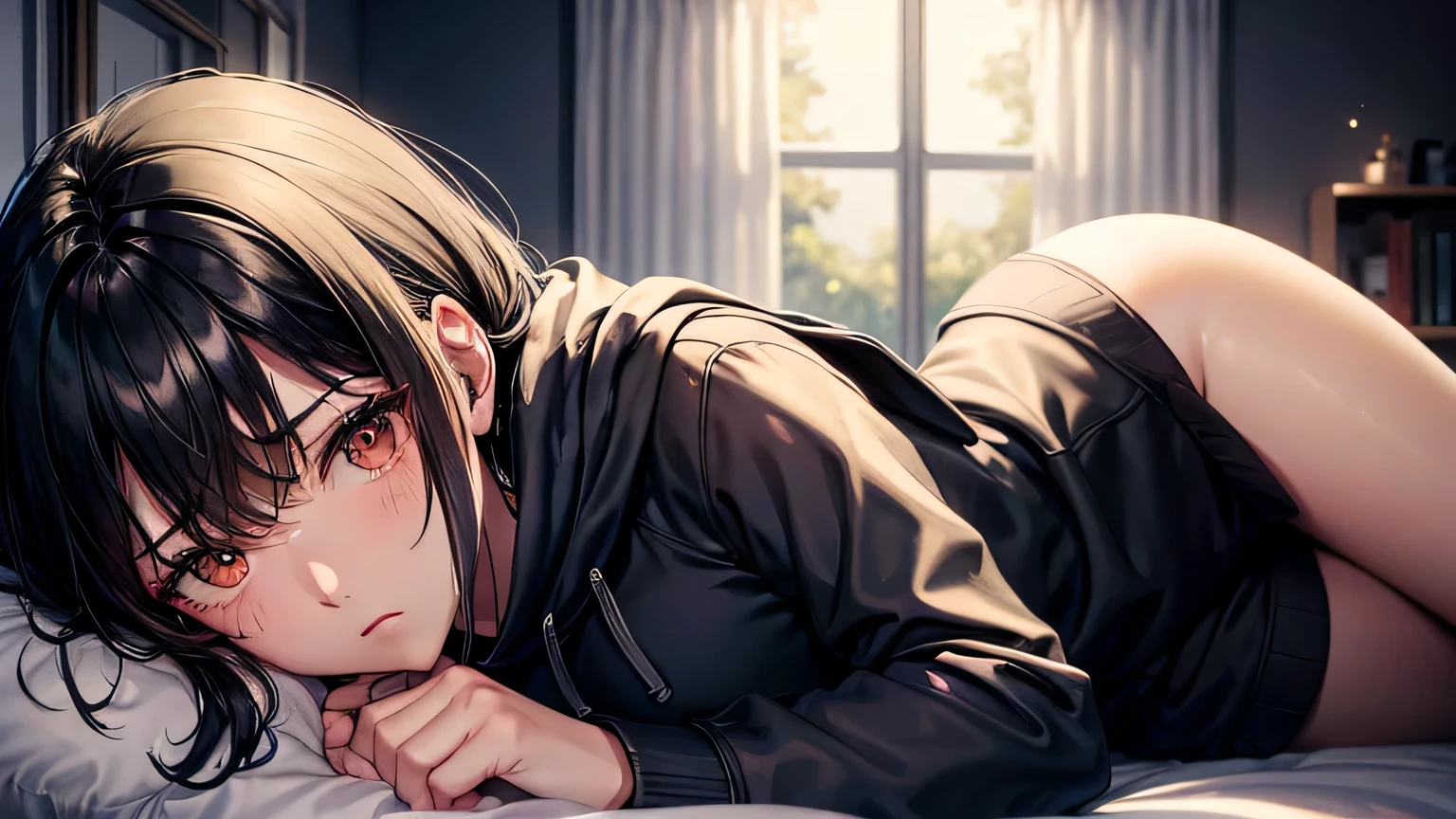 Night,
Outside the window, night,
Woman,
Black hair,
Very short,
Only one person is depicted,
Oversized hoodie, 
Sleepy expression, 
Dimly lit room, 
relaxing,
Detailed facial expression, 
detailed facial expression, detailed description of hair,
detailed body description,