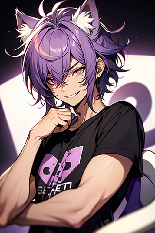 A tall tan boy with purple hair and cat ears and black sclera with white pupils grinning wearing a black top with a kitty logo on the shirt catnap