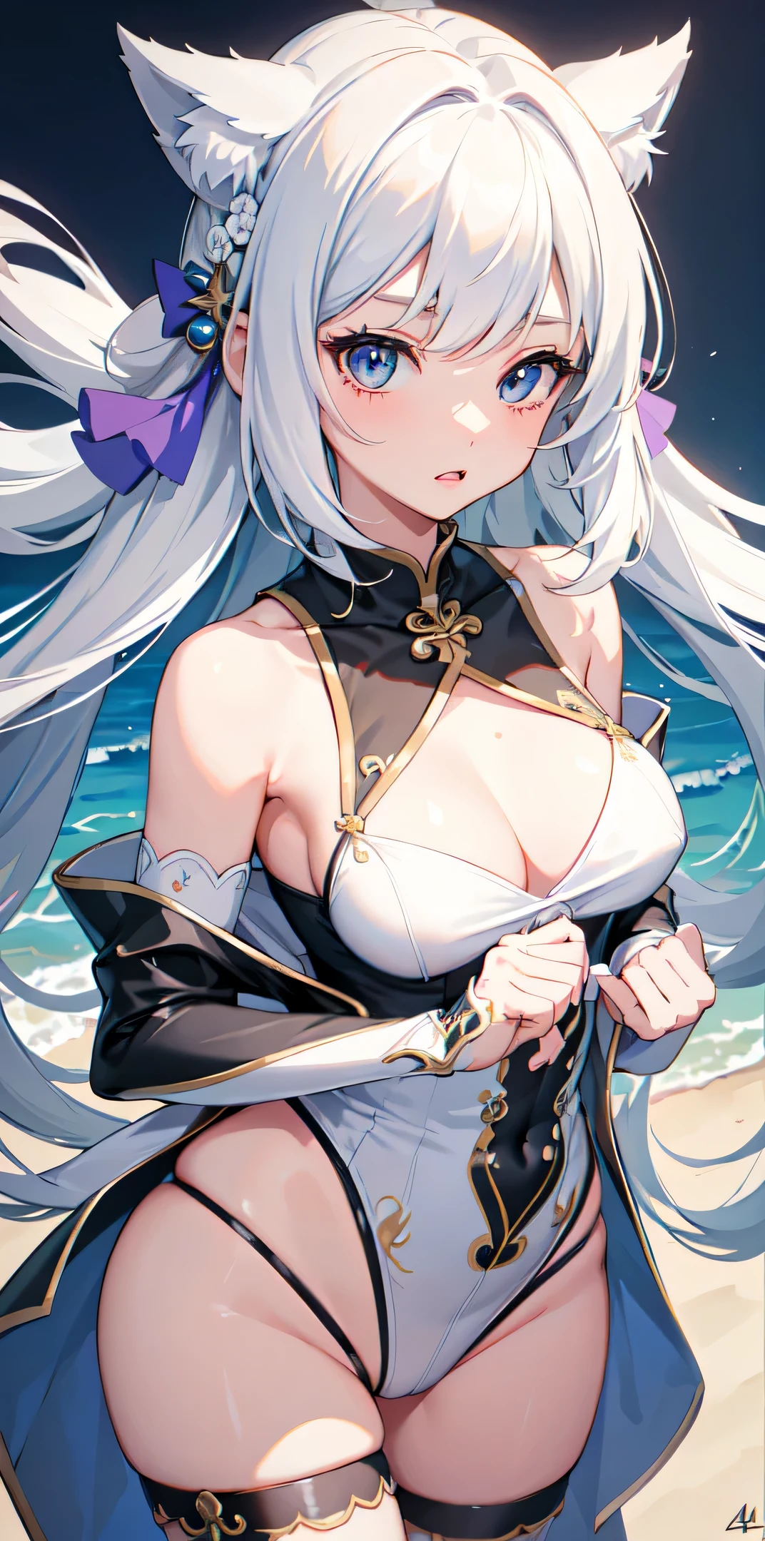 ((best quality)), (Ultra Detailed), ((Extremely detailed)), (fair), ((Kawaii girl)), ((Ultra HD)), (masterpiece), (high quality), (best quality), (4K), (high quality), 1, Solo Girl, 1 Girl, , Parted bangs, ((Hair intake)), Long hair, (Random Hairstyle), Larger breasts, slim body, Siamese cheongsam, (Very little cloth) Showing underwear shy