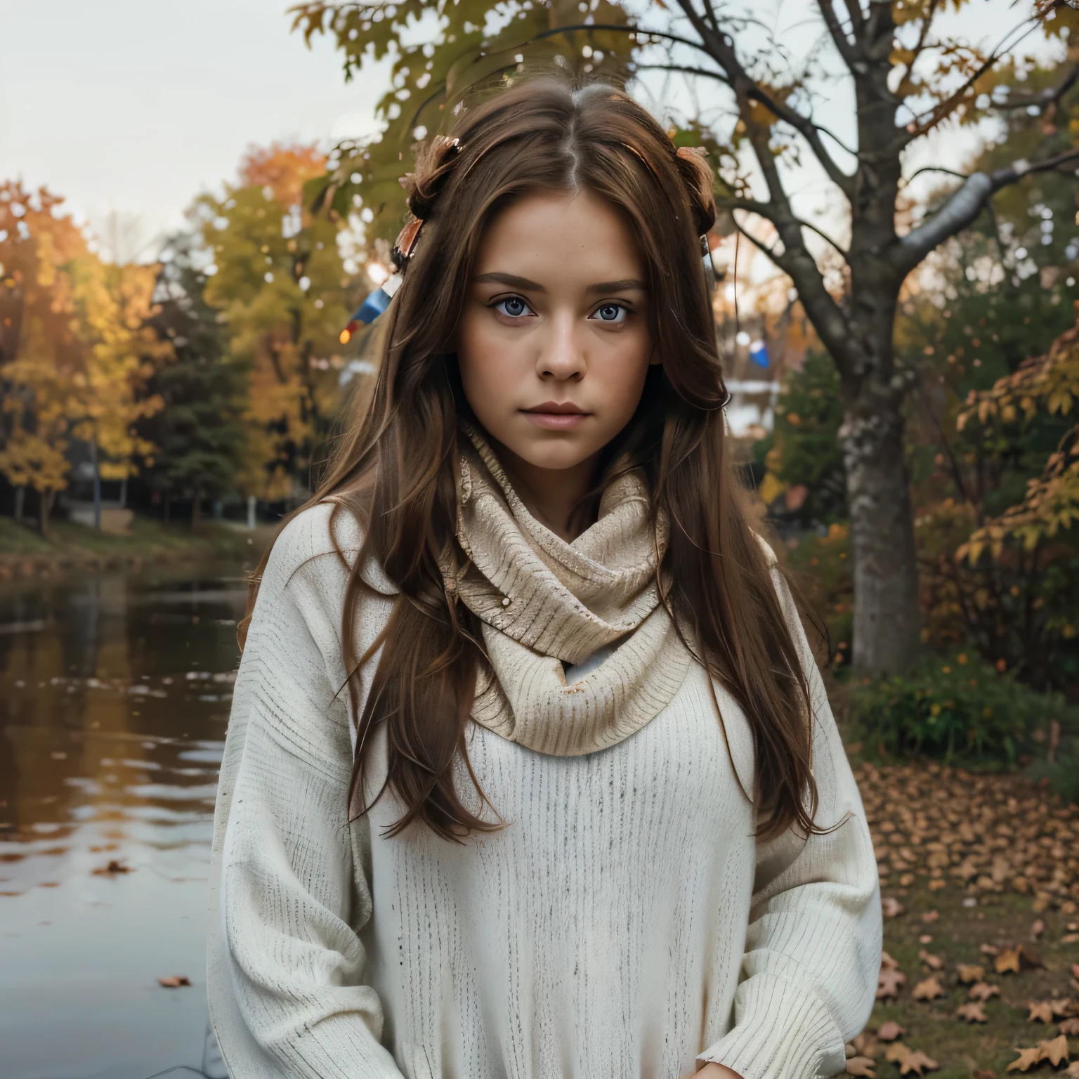 (masterpiece), best quality, ultra-detailed, illustration, warm lighting, soft lighting, bright colors, 1 girl, solo,( beautiful girl, long hair, blue eyes, ribbon, brown hair, hair between eyes, hair ribbon, sidelocks, very long hair, messy hair,) , autumn, many maple tree, maple leaves, golden leaves, fall foliage, Dried leaves, river, crisp air, peace, cool breeze , sweater weather,( wear white or brown sweater, red scarf, Moody fall, Wistful, Melancholy, sad ,worried, Longing,)