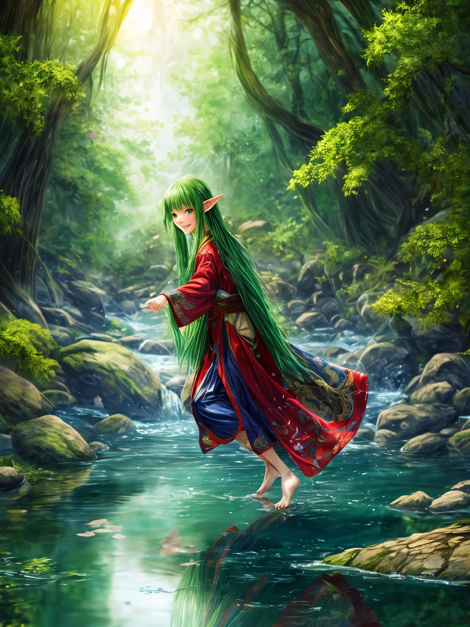best quality,ultra-detailed,realistic:1.37,portrait,painting,dark lighting,water,HDR,lively,greenery,vivid colors,fantasy creature,Japanese folklore,mysterious,short stature,long green hair,pointy ears,long sharp teeth,webbed fingers,playful expression,holding river stones,splashing water,reflection on the water,traditional robe,detailed scales,jumping in the river,dancing in the moonlight