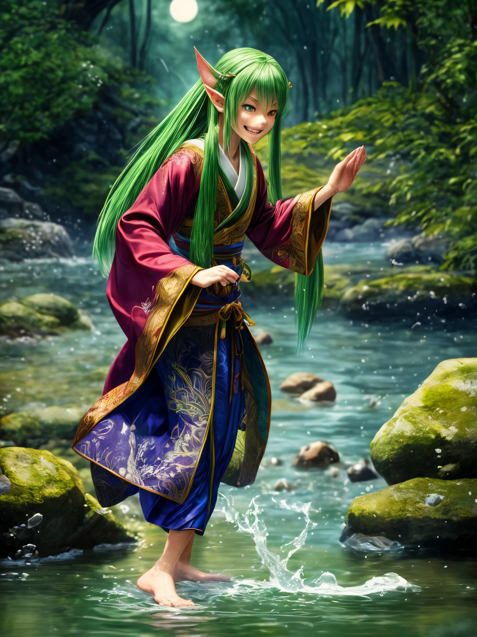 best quality,ultra-detailed,realistic:1.37,portrait,painting,dark lighting,water,HDR,lively,greenery,vivid colors,fantasy creature,Japanese folklore,mysterious,short stature,long green hair,pointy ears,long sharp teeth,webbed fingers,playful expression,holding river stones,splashing water,reflection on the water,traditional robe,detailed scales,jumping in the river,dancing in the moonlight