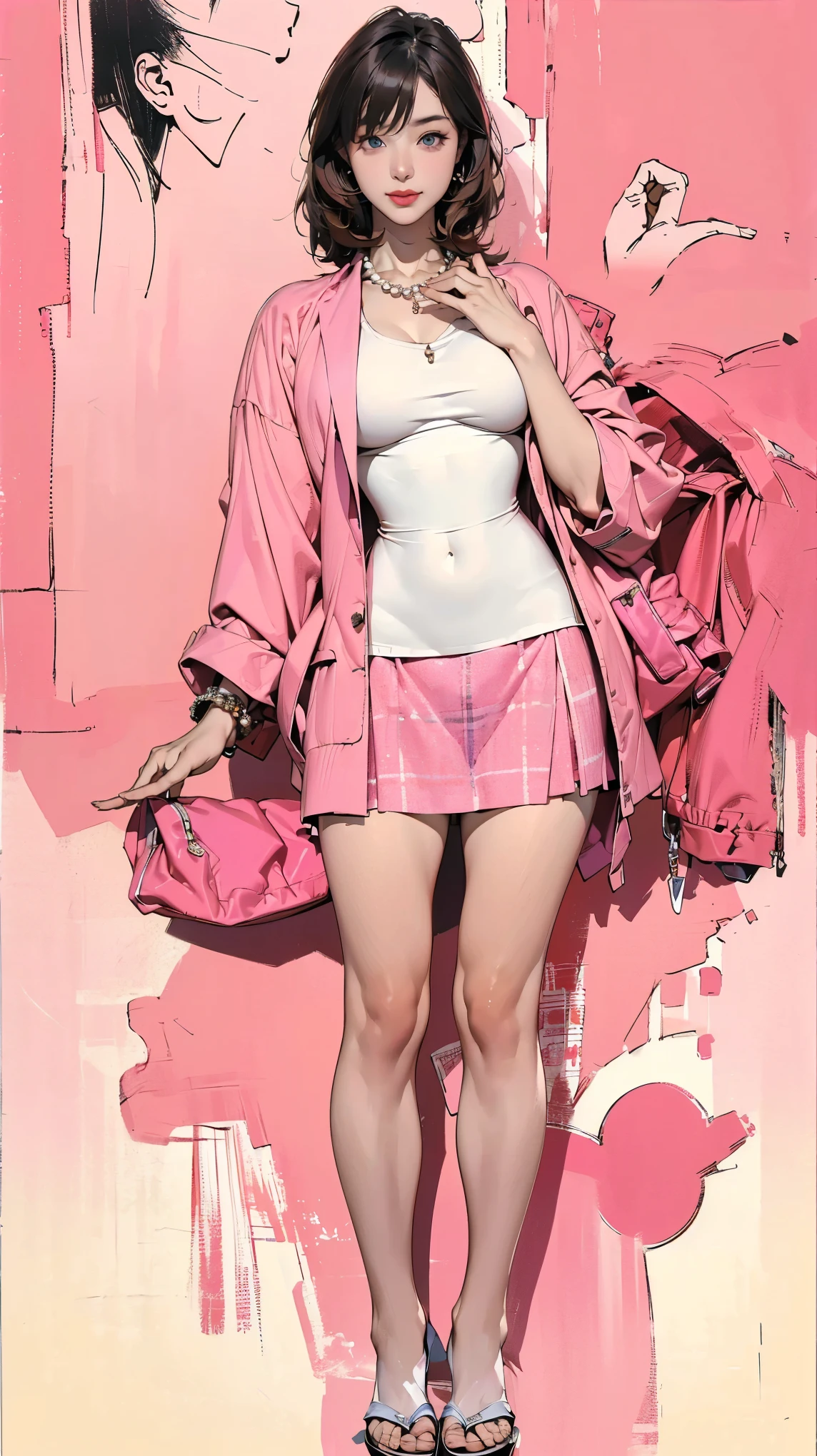 (Ultra-detailed, photorealistic, best quality, 4k,8k, highres, masterpiece:1.3), Featured is Sachi, a graceful figure from Tokyo, Japan, ((who embodies the essence of elegance and charm)), (((She boasts a stature, standing at 1.55 meters and weighing around 48 kilograms, epitomizing the blend of traditional Japanese beauty and modern allure))), (Her hair is always meticulously arranged), (Her eyes are gentle brown), ((and a physique with a flat abdomen, a peachy posterior, and perfectly round, perky F-cup breasts)), accentuated by her modest demeanor, (((She is wearing an iconic pink tweed jacket and a matching knees length tweed skirt))), (Paired with a white silk shirt), this outfit subtly highlights her curves while maintaining a modest, dignified look))), She accessorizes with a Chanel pearl necklace, and carries a classic quilted leather handbag from Chanel, (exceptionally detailed:1.3), super finely detailed hands, ultra finely detailed fingers(((ten fingers))), (posing elegantly), (full body showcase), (show full body), (no logos in the background), (no logo), ((**traditional Japanese architecture home background)).